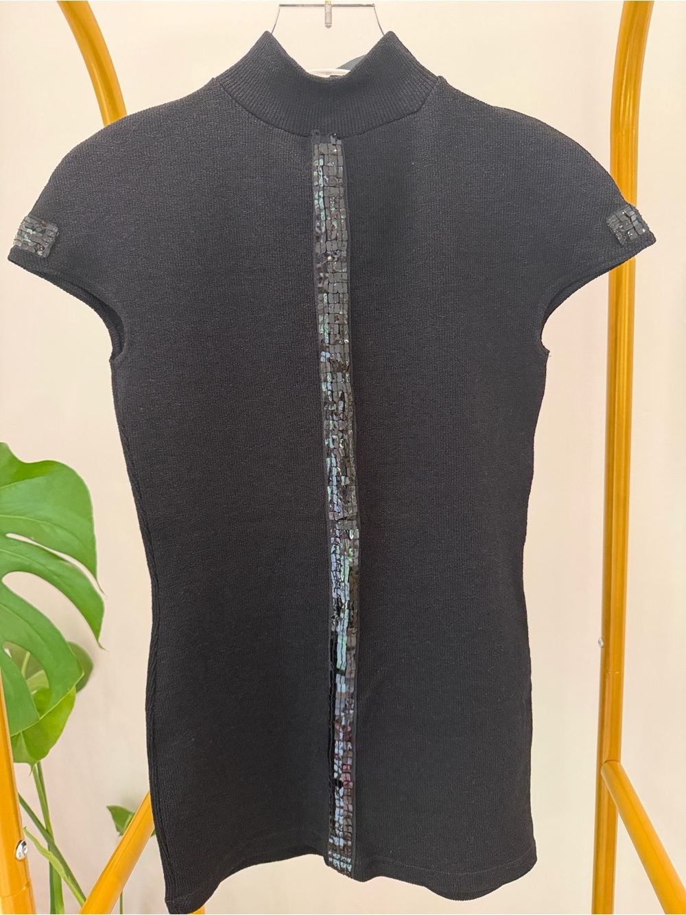 Black Short-Sleeve Knit Top with Sequin Trim